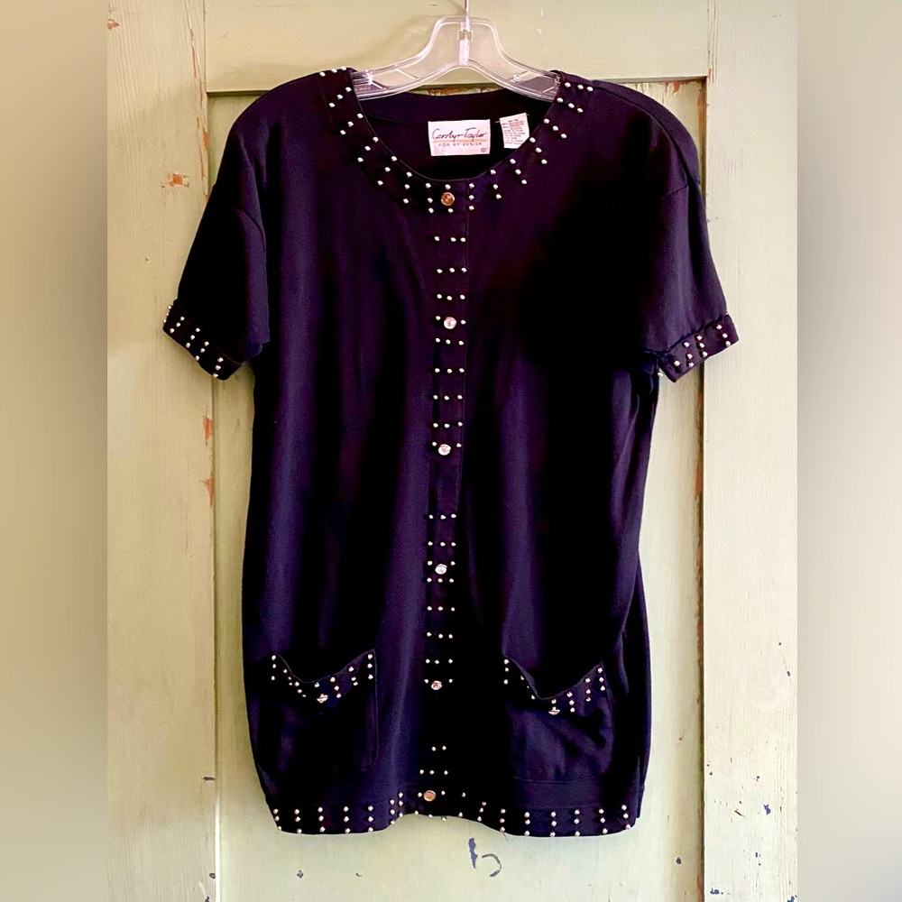 Carolyn Taylor Black Embellished Fitted Short Sleeve Tunic blouse